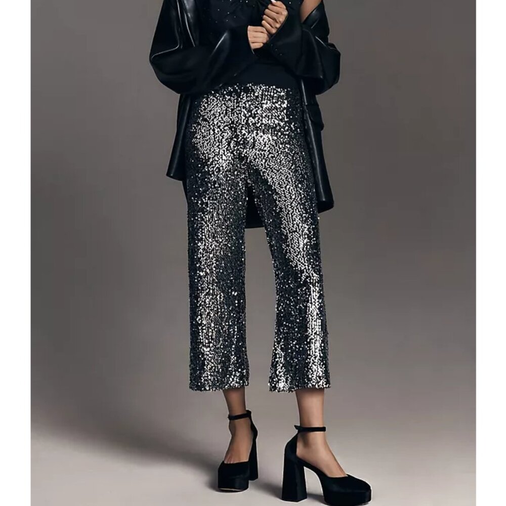 Anthropologie The Colette Cropped Wide-Leg Sequin Pants Black Silver - 28